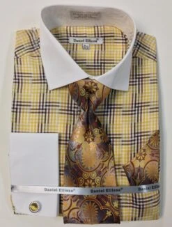 Daniel Ellissa Men's French Cuff Dress Shirt Set - Geometric Plaid -Stylish Men's Formal Wear ds3774p2 mustard
