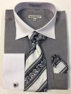 Daniel Ellissa Men's French Cuff Dress Shirt Set - Thin Stripes -Stylish Men's Formal Wear ds3775p2 black