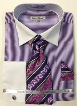Daniel Ellissa Men's French Cuff Dress Shirt Set - Thin Stripes -Stylish Men's Formal Wear ds3775p2 purple