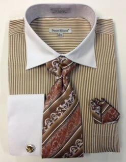 Daniel Ellissa Men's French Cuff Dress Shirt Set - Thin Stripes -Stylish Men's Formal Wear ds3775p2 taupe