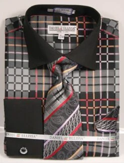 Daniel Ellissa Men's French Cuff Shirt Set - Colorful Geometric -Stylish Men's Formal Wear ds3785p2 black