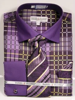 Daniel Ellissa Men's French Cuff Shirt Set - Colorful Geometric -Stylish Men's Formal Wear ds3785p2 purple