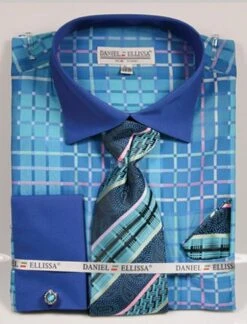 Daniel Ellissa Men's French Cuff Shirt Set - Colorful Geometric -Stylish Men's Formal Wear ds3785p2 turq