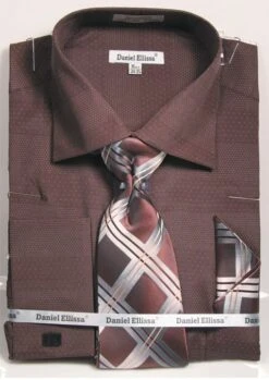 Daniel Ellissa Men's French Cuff Shirt Set - Stylish Mini Dot -Stylish Men's Formal Wear ds3797p2 dark brown
