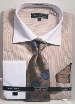 Avanti Uomo Men's French Cuff Shirt Set - Pinstripe -Stylish Men's Formal Wear ds3798p2 beige