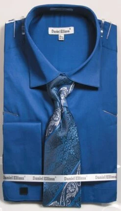 Daniel Ellissa Men's 100% Cotton French Cuff Shirt Set - Solid -Stylish Men's Formal Wear ds3798p2 french blue