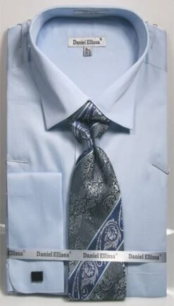 Daniel Ellissa Men's 100% Cotton French Cuff Shirt Set - Solid -Stylish Men's Formal Wear ds3798p2 lt blue