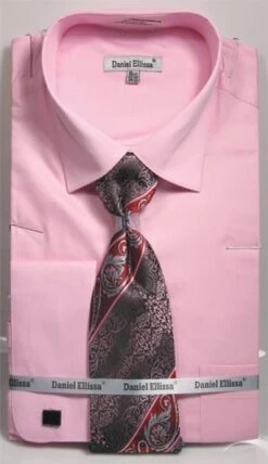 Daniel Ellissa Men's 100% Cotton French Cuff Shirt Set - Solid -Stylish Men's Formal Wear ds3798p2 pink