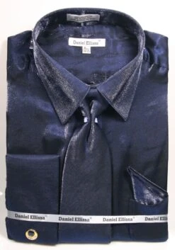 Daniel Ellissa Men's French Cuff Shirt Set - Metallic Velvet -Stylish Men's Formal Wear ds3808p2 navy
