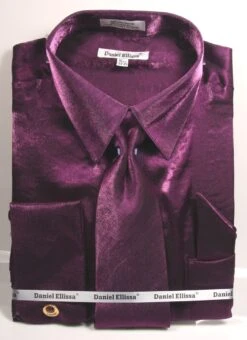 Daniel Ellissa Men's French Cuff Shirt Set - Metallic Velvet -Stylish Men's Formal Wear ds3808p2 purple