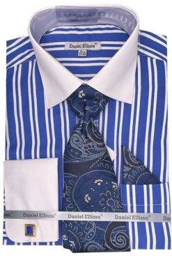 Daniel Ellissa Men's French Cuff Shirt Set - Twin Stripes -Stylish Men's Formal Wear ds3823p2 blue