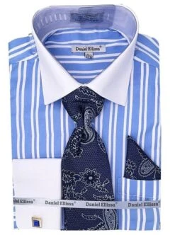 Daniel Ellissa Men's French Cuff Shirt Set - Twin Stripes -Stylish Men's Formal Wear ds3823p2 lt blue