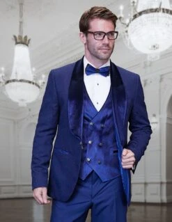 Statement Men's 3 Piece Fashion Tuxedo - Velvet Accents -Stylish Men's Formal Wear emporio saphire