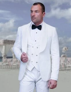 Statement Men's 3 Piece Fashion Tuxedo - Velvet Accents -Stylish Men's Formal Wear emporio white