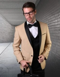 Statement Men's 3 Piece Wool Tuxedo - Stylish Accents -Stylish Men's Formal Wear encore champagne