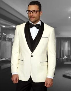 Statement Men's 3 Piece Wool Tuxedo - Stylish Accents -Stylish Men's Formal Wear encore offwht 2