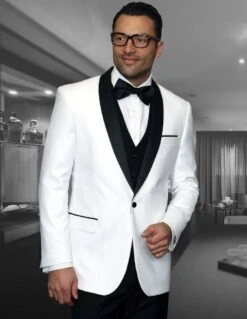 Statement Men's 3 Piece Wool Tuxedo - Stylish Accents -Stylish Men's Formal Wear encore white