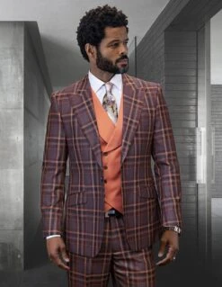 Statement Men's 100% Wool 3 Piece Suit - Plaid Color Contrast -Stylish Men's Formal Wear firenze copper