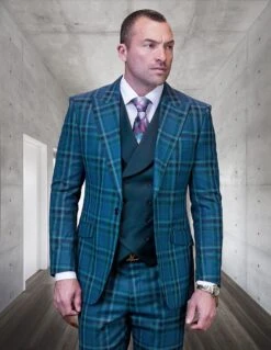Statement Men's 100% Wool 3 Piece Suit - Plaid Color Contrast -Stylish Men's Formal Wear firenze hunter