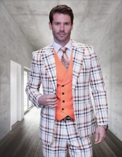 Statement Men's 100% Wool 3 Piece Suit - Plaid Color Contrast -Stylish Men's Formal Wear firenze orange