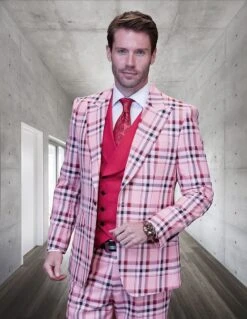 Statement Men's 100% Wool 3 Piece Suit - Plaid Color Contrast -Stylish Men's Formal Wear firenze pink