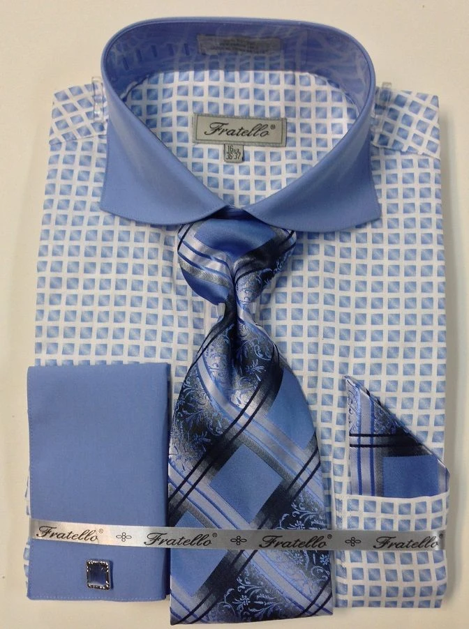 Fratello Men's French Cuff Dress Shirt Set - Artistic Small Checker 6 Fratello Men's French Cuff Dress Shirt Set - Artistic Small Checker - Image 4