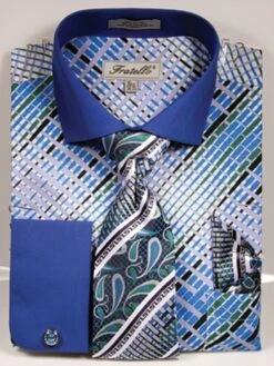 Fratello Men's French Cuff Dress Shirt Set - Vibrant Weave -Stylish Men's Formal Wear frv4134 blue