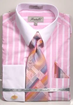 Fratello Men's 100% Cotton French Cuff Dress Shirt Set - Wide Stripe -Stylish Men's Formal Wear frv4141p2 pink