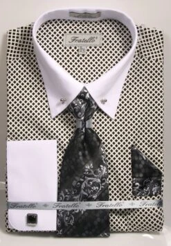 Fratello Men's 100% Cotton French Cuff Dress Shirt Set - Varied Patterns W/ Collar Bar