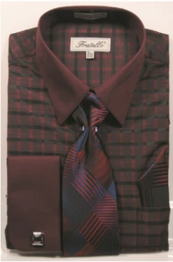 Fratello Men's French Cuff Dress Shirt Set - Two Tone Windowpane -Stylish Men's Formal Wear frv4154p2wine