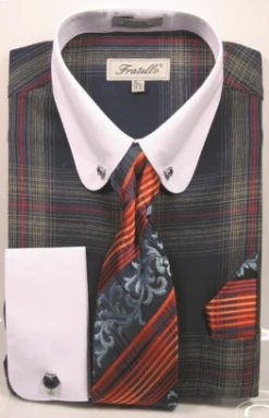 Fratello Men's 100% Cotton French Cuff Dress Shirt Set - White Accents 7 Fratello Men's 100% Cotton French Cuff Dress Shirt Set - White Accents -Stylish Men's Formal Wear frv4156p2navy