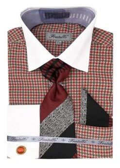 Fratello Men's French Cuff Dress Shirt Set - Star Pattern -Stylish Men's Formal Wear frv4157p2 red