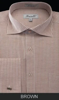 Fratello Men's French Cuff Dress Shirt - Classic Stripe -Stylish Men's Formal Wear frv4902 brown