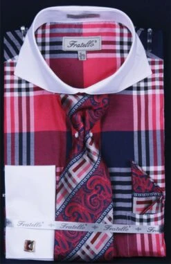 Fratello Men's French Cuff Dress Shirt Set - Colorful Multi Checker -Stylish Men's Formal Wear fuchsia 4 1