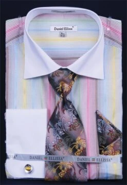 Daniel Ellissa Men's French Cuff Dress Shirt Set - Multi Stripe -Stylish Men's Formal Wear gold 2 1
