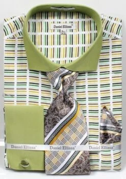 Daniel Ellissa Men's French Cuff Dress Shirt Set - Multicolor Stripe -Stylish Men's Formal Wear green 3783