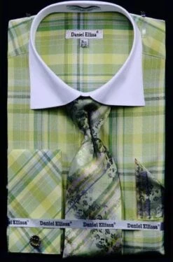 Daniel Ellissa Men's French Cuff Dress Shirt Set - Windowpane Plaid 18 Daniel Ellissa Men's French Cuff Dress Shirt Set - Windowpane Plaid -Stylish Men's Formal Wear green 6