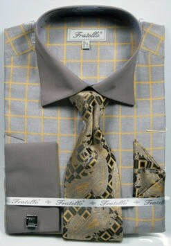 Fratello Men's French Cuff Dress Shirt Set - Check Pattern -Stylish Men's Formal Wear grey gold 4132