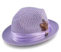 Montique Men's Fashion Straw Fedora Hat - Bold Feather -Stylish Men's Formal Wear h 34 lavender lr
