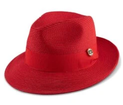Montique Men's Fashion Straw Fedora Hat - Solid Color -Stylish Men's Formal Wear h 42 red