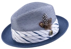 Montique Men's Fedora Style Straw Hat - Diamond Stripes -Stylish Men's Formal Wear h2303 navy