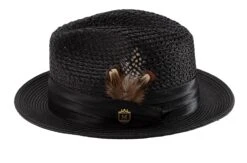 Montique Men's Fashion Straw Fedora Hat - Bold Feather -Stylish Men's Formal Wear h34 black 258