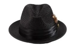 Montique Men's Fashion Straw Fedora Hat - Bold Feather -Stylish Men's Formal Wear h34 black 266