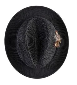 Montique Men's Fashion Straw Fedora Hat - Bold Feather -Stylish Men's Formal Wear h34 black 486