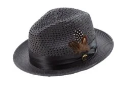 Montique Men's Fashion Straw Fedora Hat - Bold Feather -Stylish Men's Formal Wear h34 grey 045