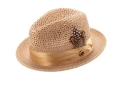 Montique Men's Fashion Straw Fedora Hat - Bold Feather -Stylish Men's Formal Wear h34 tan 037