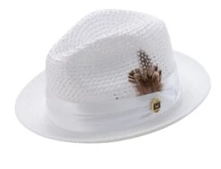 Montique Men's Fashion Straw Fedora Hat - Bold Feather -Stylish Men's Formal Wear h34 white 050