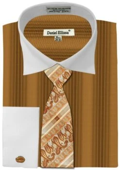 Daniel Ellissa Men's French Cuff Dress Shirt Set - Basic Two Tone -Stylish Men's Formal Wear honey gold 1