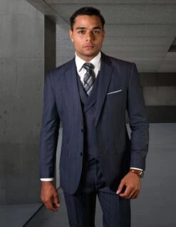 Statement Men's 100% Wool 3 Piece Suit - Textured Stripes -Stylish Men's Formal Wear hugo 2 indigo