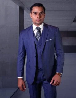 Statement Men's 100% Wool 3 Piece Suit - Textured Stripes -Stylish Men's Formal Wear hugo 2 sapphire